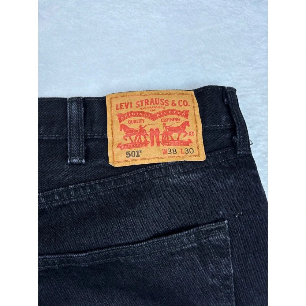 Levis 501 Original Fit Mens 38x30 Jeans Fuzzy Black Faded Grungy Washed Denim